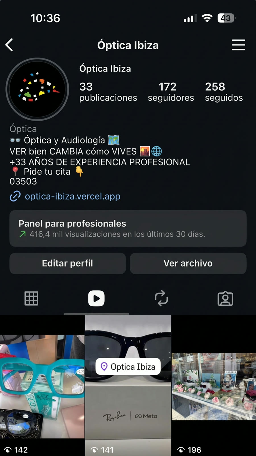 Instagram de Óptica Ibiza con 172 seguidores antes de Pronovamark